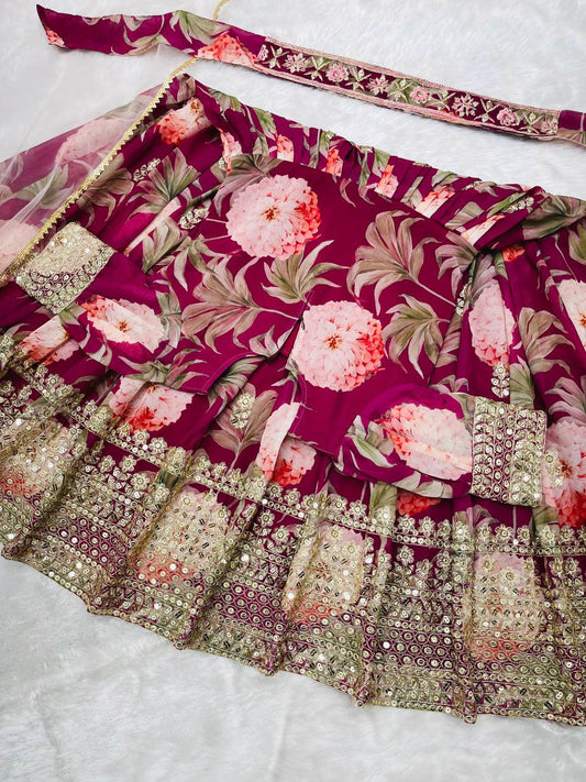 Heavy Fox Georgette With Digital Print work With Embroidered Siqunce work